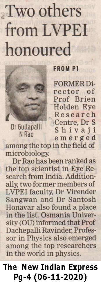 LV Prasad Eye Institute founder Dr Gullapalli N Rao ranked top researcher  in ophthalmology- The New Indian Express